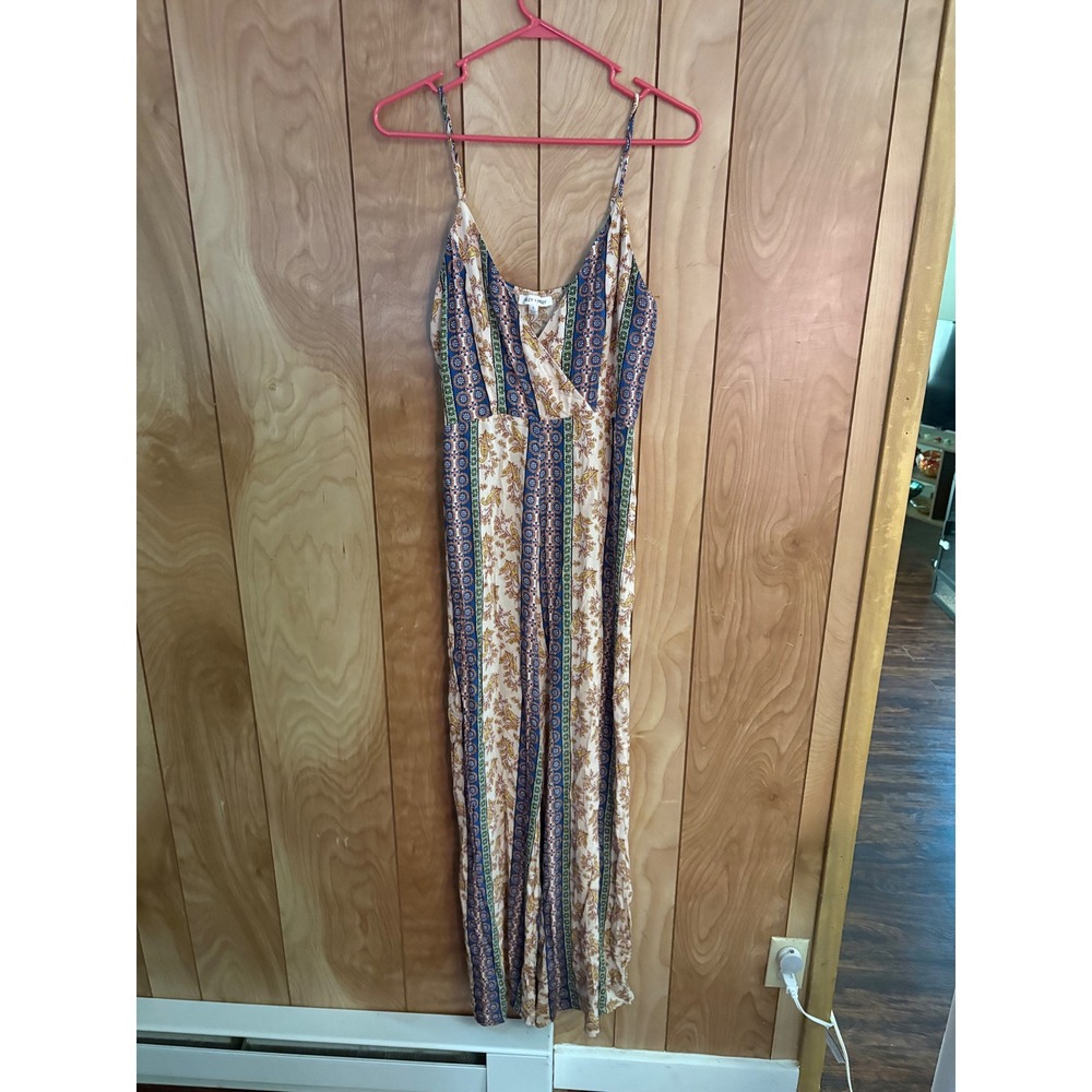 Miley + Molly Boho Paisley Wide Leg Jumpsuit Blue Gold Large Wrap Neck Summer L